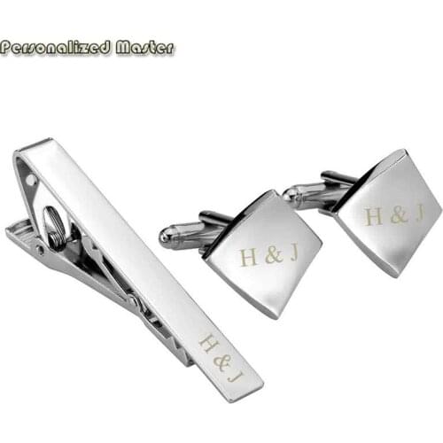 Personalized Master Free Customized Name 3pcs Stainless Steel Cufflinks Tie Clip Bar Set for Mens Shirt Business Wedding Gift
