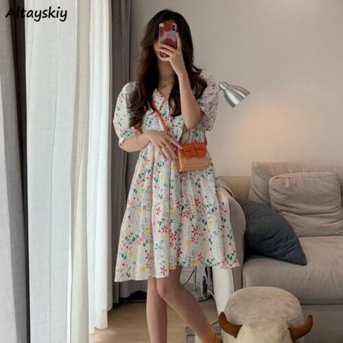 Floral Dresses Women Knee-length Oversize New Pregnant Fashion Puff Sleeve Folds Students Ladies All-match Summer Thin Holiday