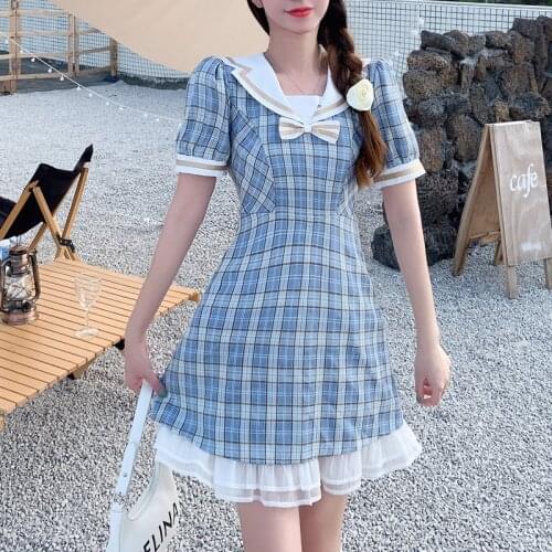 Plus Size Soft Girl Cute Navy Collar Bow Dress Summer Japanese Slim Waist Plaid Long Lace Princess Kawaii Sweet Gothic Loli Dres
