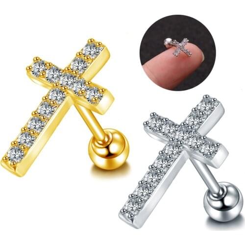 1Pc Cross Shape CZ Cartilage Stud Earring Cubic Zirconia Helix Tragus Conch Screw Back Ear Piercing Jewelry