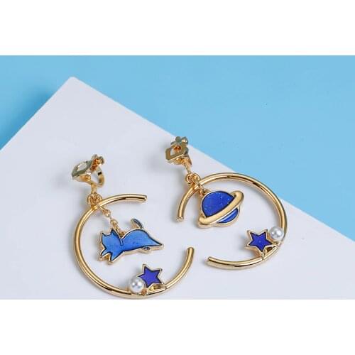 Fashion Blue Pink Star Planet Cat Clip on Earrings Without Piercing For Women Gold Color Circle Asymmetry 2019 Earrings Clip
