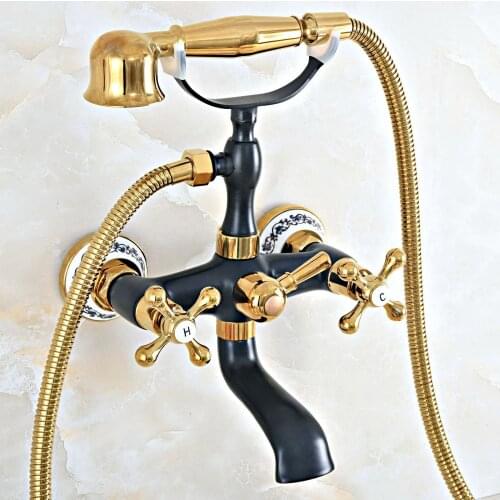 Black Oil Rubbed & Gold Brass 2 Handle Wall Mount Bathroom Bath Tub Faucet Set with 1.5M Hand Held Shower Spray Mixer Tap 2na462