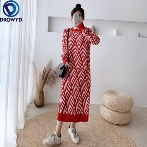 New Winter Thick Knitted Dress Korean Version Over The Knee Long Section Age-reducing Temperament and Thin Stretch Sweater Dress