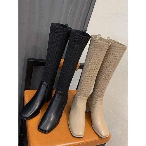 Boots Women New 2021 Shoes Round Toe Sexy Thigh High Heels High Sexy Over-the-Knee Ladies Rubber Autumn Stockings Low Mid Calf