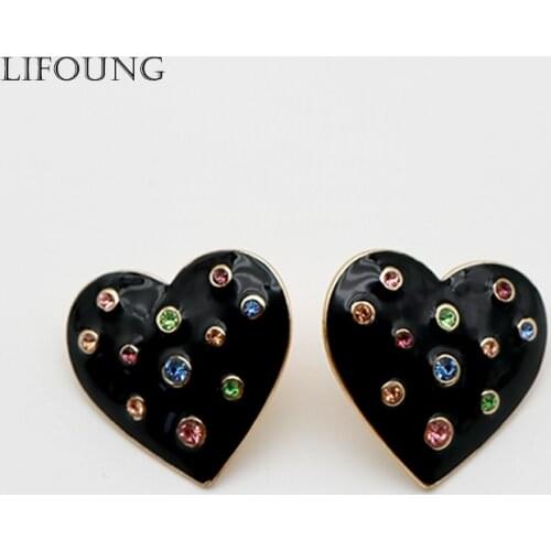 Black Enamel Heart Earrings For Women Paved Colorful Precious Glass Stones Statement Ear Ring Zinc Alloy Classic New Item 202197