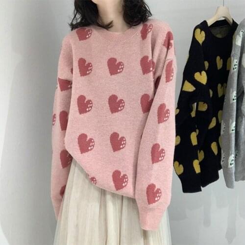 Kawaii Sweater Tops Women O-Neck Full Sleeve Korean Heart Pullovers Women 2022 Autumn Loose Sweet Knitwear Female CX2208