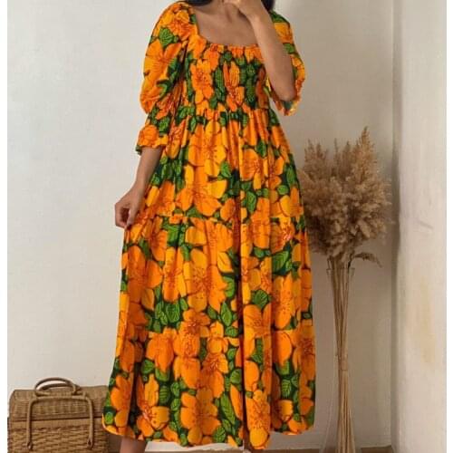 YENKYE Elegant Women Vintage Flower Print Long Dress Female Sexy Square Neck Puff Sleeve Holiday Casual Dress Autumn Vestido