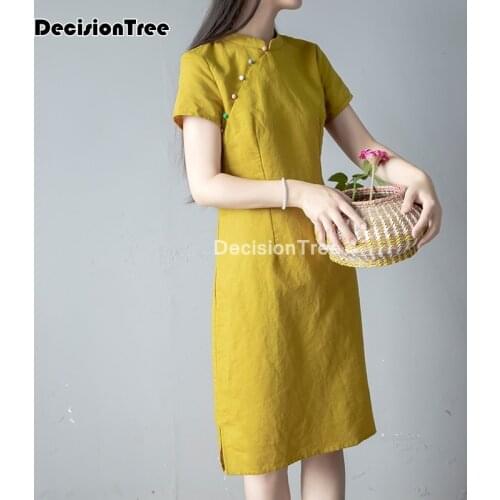 2021 chinese women cotton linen qipao loose long cheongsam vintage chinese dress elegant lady improved dress party dance costume