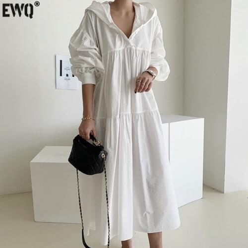 [EWQ] Minimalism Lantern Sleeve Korean Dresses Female 2021 Spring Autumn Korean Chic Hooded Collar Casual Ladies Runway Dress