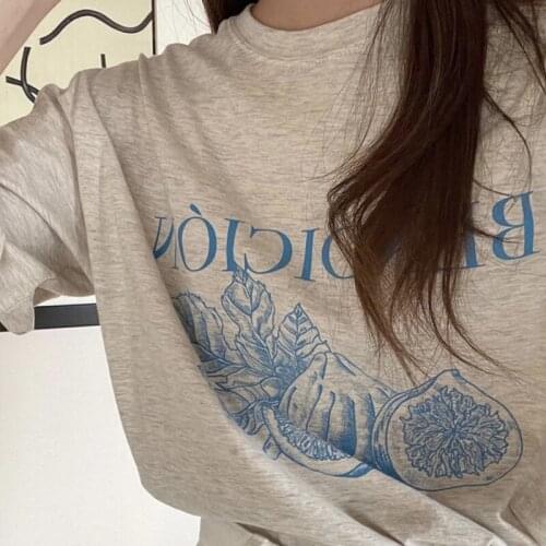 2021 Summer Women T-Shirt Korean Chic Ladies Simple Versatile Fig Print Loose Round Neck Slim Casual Short-Sleeved Top