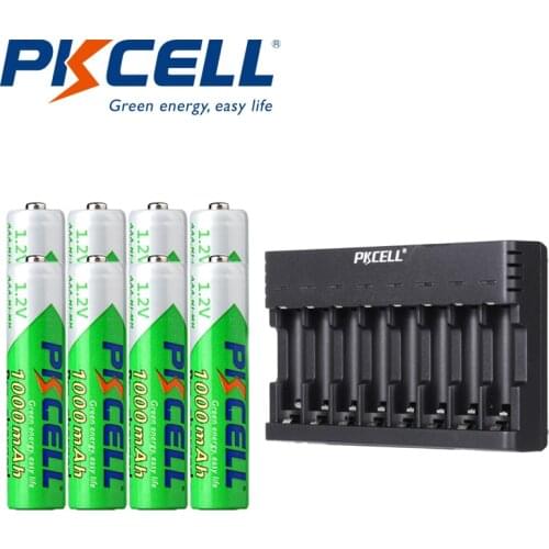 8Pcs PKCELL 1.2V AAA 1000mAh Rechargeable Battery low self discharging NIMHbatteries and 8-Solt NIMH Battery-charger for AA/AAA