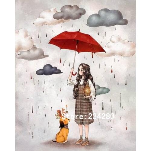 Girl with umbrella in rainy day dog Art Needlework 14CT Canvas Unprinted Handmade Embroidery Cross Stitch Kit DIY Home Decor