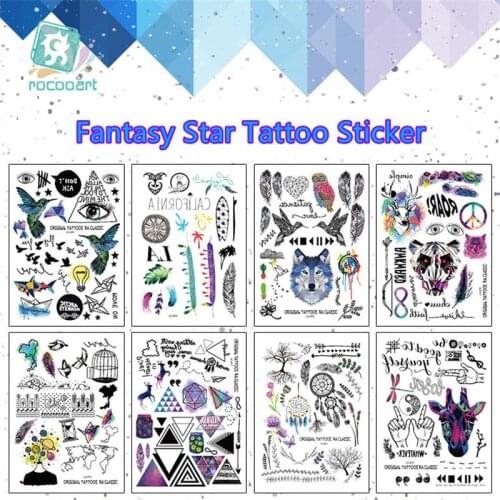 Fantasy Wolf Srar Feather Body Art Flash Water Transfer Waterproof Temporary Tattoo Sticker For Women Men Arm Fake Tattoos