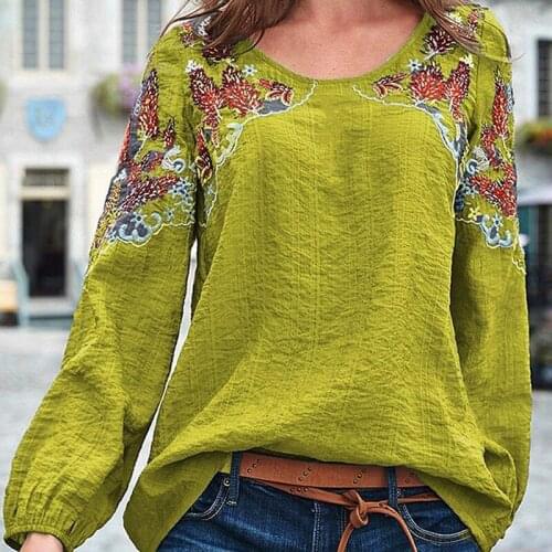 Ethnic T Shirt For Women Casual Tops And Tees O-Neck Embroidery Shirts Lantern Sleeve Ladies Loose Shirts Clothing