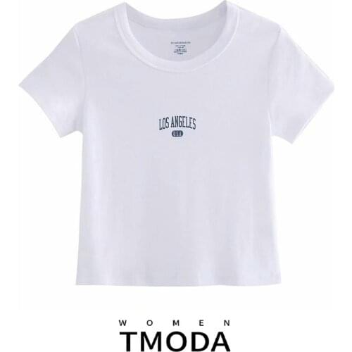 TMODA 2021 Summer Letter Cropped T Shirt Women Cute Casual Short Tops Tees Short Sleeve Female Elasticity Ladies Basic T-shirt