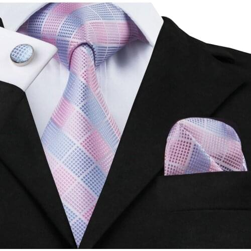 C-1198 Fashion Silk Jacquard Tie Light Blue Pink Plaid Tie Hanky Cufflinks Set Ties For Men Business Wedding Party