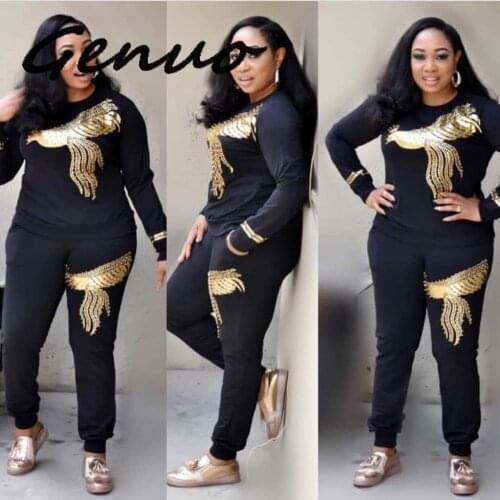 Genuo 2019 Winter Spring Long Sleeve Tracksuit Sportswear Office Phoenix Sequined Sweatshirt+ Pant 2pcs Womens Set Outfits Suit