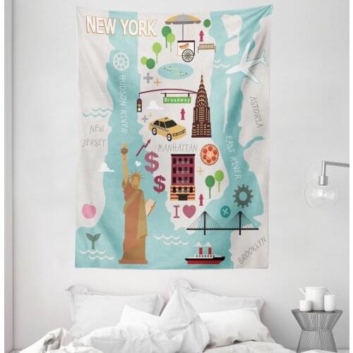 New York Map Tapestry Cartoon Iconic Symbols of NYC Satin Fabric Wall Hanging for Bedroom Living Room Dorm Meeting Background