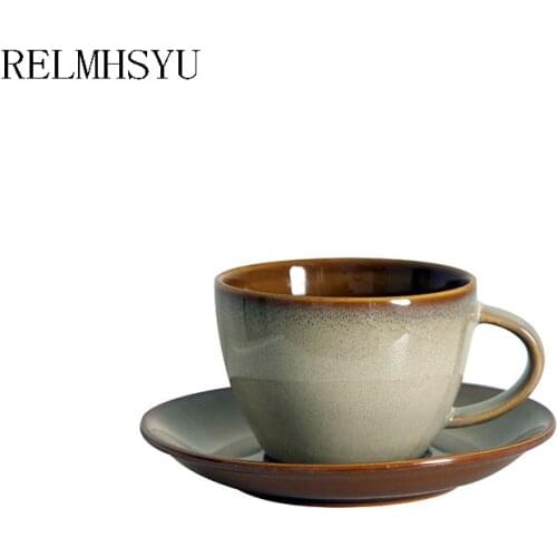 RELMHSYU Japanese Style 300ML Ceramic Kiln Couple Afternoon Tea Mug Retro Coffee Cup And Saucer Set Tableware