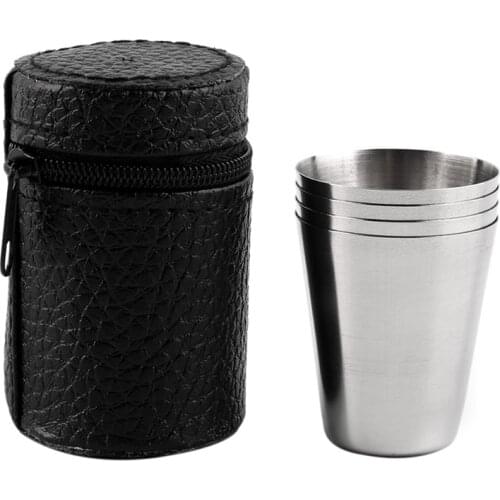 4 Pcs Stainless Steel Camping Cup Mug Camping Hiking Portable Tea Coffee Beer Cup With Leather Cover Home Kitchen Accessories