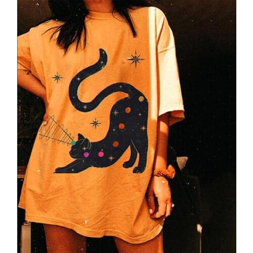 Cute Cat Star Graphic T Shirts Oversize Femme Yellow Harajuku Tshirt Women 2021 Summer Loose Short Sleeve Graffiti Tee Shirt Top