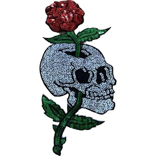 WUYUCONG 2021 New Rose Skull Sequined Iron on Patches for Clothes Jacket Sequins Flower Skeleton Appliqued Patch Large DIY Decal