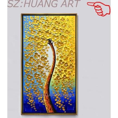 Excellent Artist Pure Hand-painted Palette Knife Thick Oil Painting Flower Picture Hand-painted Golden Rich Tree Oil Painting
