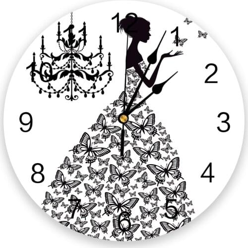 Butterfly Dresses Girl Chandelier Black And White New Wall Clock Fashion Living Room Watch Modern Home Decoration Round Clocks