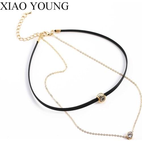 XIAO YOUNG Simple Zircon Choker Necklace Women Double Layer Black Leather Necklace New Fashion Jewelry Wholesale