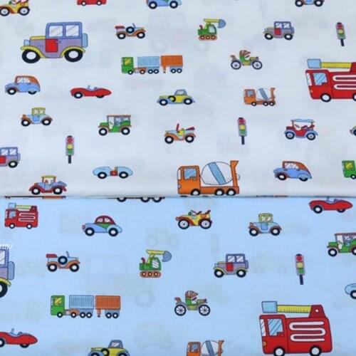 100% cotton twill cloth cartoon WHITE blue vehicle fabrics for DIY kids crib bedding cushions clothes handwork quilting sewing