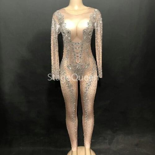Stage Sparkly Silver Crystals Jumpsuits Sexy Big Rhinestones Nude Bodysuit Women Birthday luxurious Outfit Evening Costume Wear