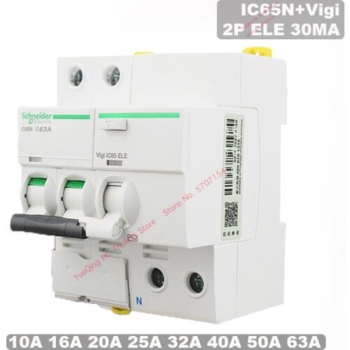 Schneider Electric VIGI IC65N Circuit Breaker Leakage Protection 30MA 2P 40A 63A 230V AC 50/60Hz Add On Residual Current Device