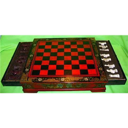26*25cm Height old handwork Collectibles Vintage 32 chess with wooden Coffee table crafts tools wedding Decoration Brass