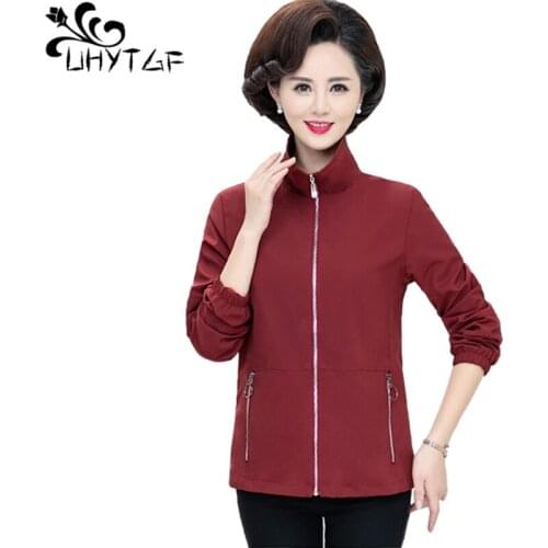 UHYTGF Spring Autumn Jacket Women Fashion Pocket Zipper Plus Size Jacket Solid Wild Casual Thin Coat Elegant Mother Clothes 1595