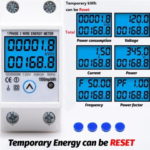 110V-120V 50/60Hz 5(80)A Digital Wattmeter AC Power Energy Meter Din Rail KWH Voltage Current Counter with Reset Function