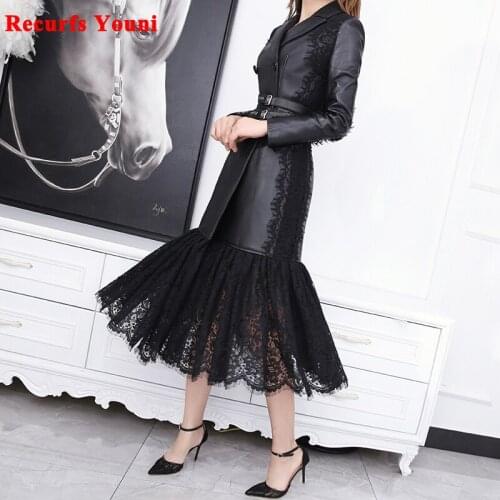 Spring Genuine Leather Jacket Women Suit Collar Retro Sexy Lace Patchwork Large Hem Slim Long Coat Female Windbreaker Plus Size