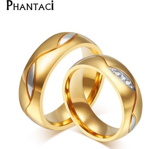 High Quality 316L Stainless Steel Couple Zirconia Rings Women Men Crystal Wedding Ring Gold Color Engagement Ring Jewelry