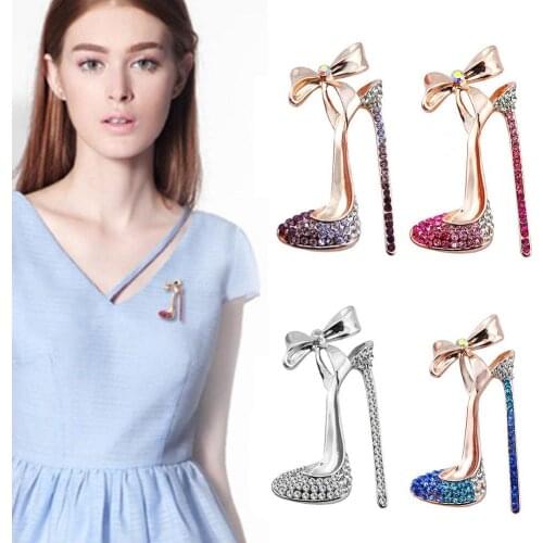 Women Rhinestone Inlaid High Heel Shoe Brooch Pin Corsage Lapel Jewelry Gift