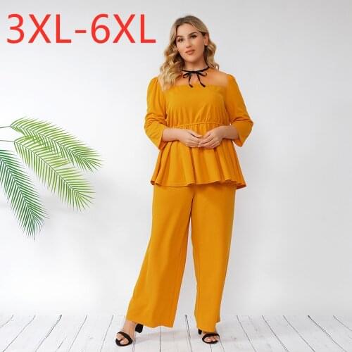 New 2021 Ladies Spring Autumn Plus Size Women Large Long Sleeve Loose Yellow Pleated Shirt And Pants Suits 3XL 4XL 5XL 6XL 7XL