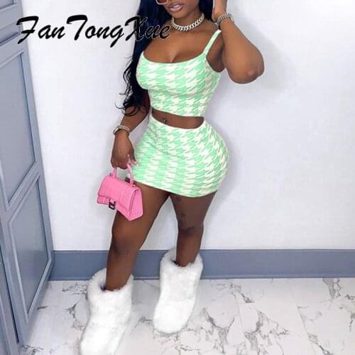 2 Piece Set Women Summer 2021 Houndstooth Print Tank Top&skirts Beach Style 2PCS Women Skinny Spaghetti Strap 2-piece Suit Women