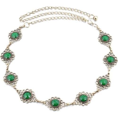 Retro Womens Crystal Rhinestone Flower Metal Waist Chain Belt Dress Decor