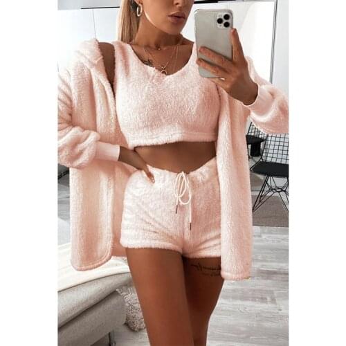 OMILKA Wool 3 Piece Set Women Cardigan Jacket and Crop Top Shorts Suit 2020 Autumn Lazy Style Home Loose Lady Outfits
