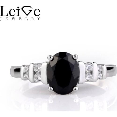 Leige Jewelry Black Spinel Ring Sterling Silver 925 Black Gemstone Engagement Wedding Rings for Women Oval Cut Fine Jewelry