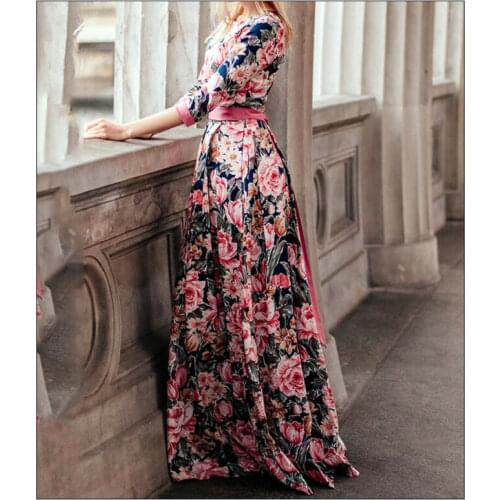 Party Dress Women Maxi Dress Boho Floral 3/4 Sleeve High Waist Long Dress Elegant Ladies Evening Party Dress Vestidos