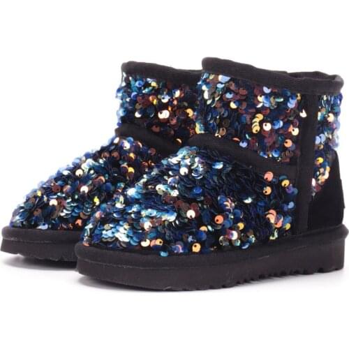 2021 Australian ankle Snow Boots Genuine Leather Boots for Girls Boys Winter Warm Childrens Sequins Shoes Plush Fur Kids shoes