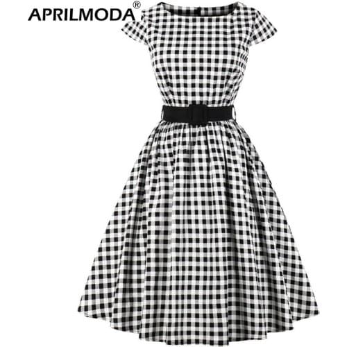 2020 Retro Rockabilly Women O Neck Polka Dot Vintage Dress with Belt A Line Cap Sleeve Black White Plaid Print Pin Up Clothes