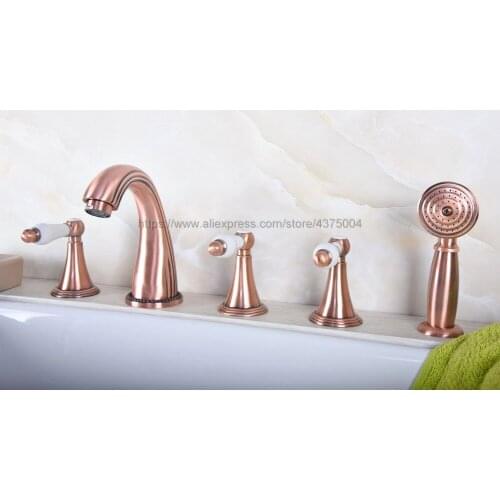5pcs Widespread Antique Red Copper Bathtub Sink Faucet Deck Mounted with Handshower Bathroom Roman Tub Taps Ntf192
