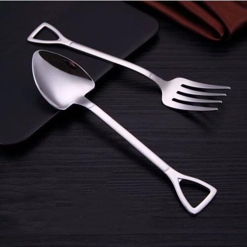 Large Size 18.5cm Creative Shovel Shape Spoon Fork Stainless Steel Shovel Spoon Fork Set Meal Dessert Specialty Forks Tableware