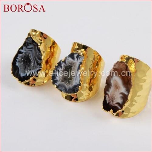 BOROSA New Arrival Druzy Gold Color Natural Crystal Druzy Open Band Rings, Fashion Freeform Natural Gems Druzy Ring Party G1388