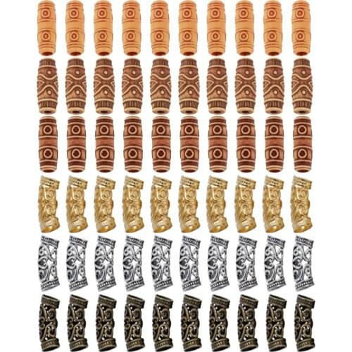 60 Pcs Imitation Wood Beads Metal Hollow Out Tube Beads Hair Braiding Jewelry for Hair Braiding Decoration DIY Accessory Barrel